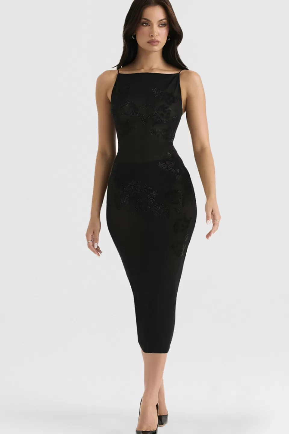 House of CB 'Amirah' Black Mesh Crystal Embellished Midi Dress Clearance