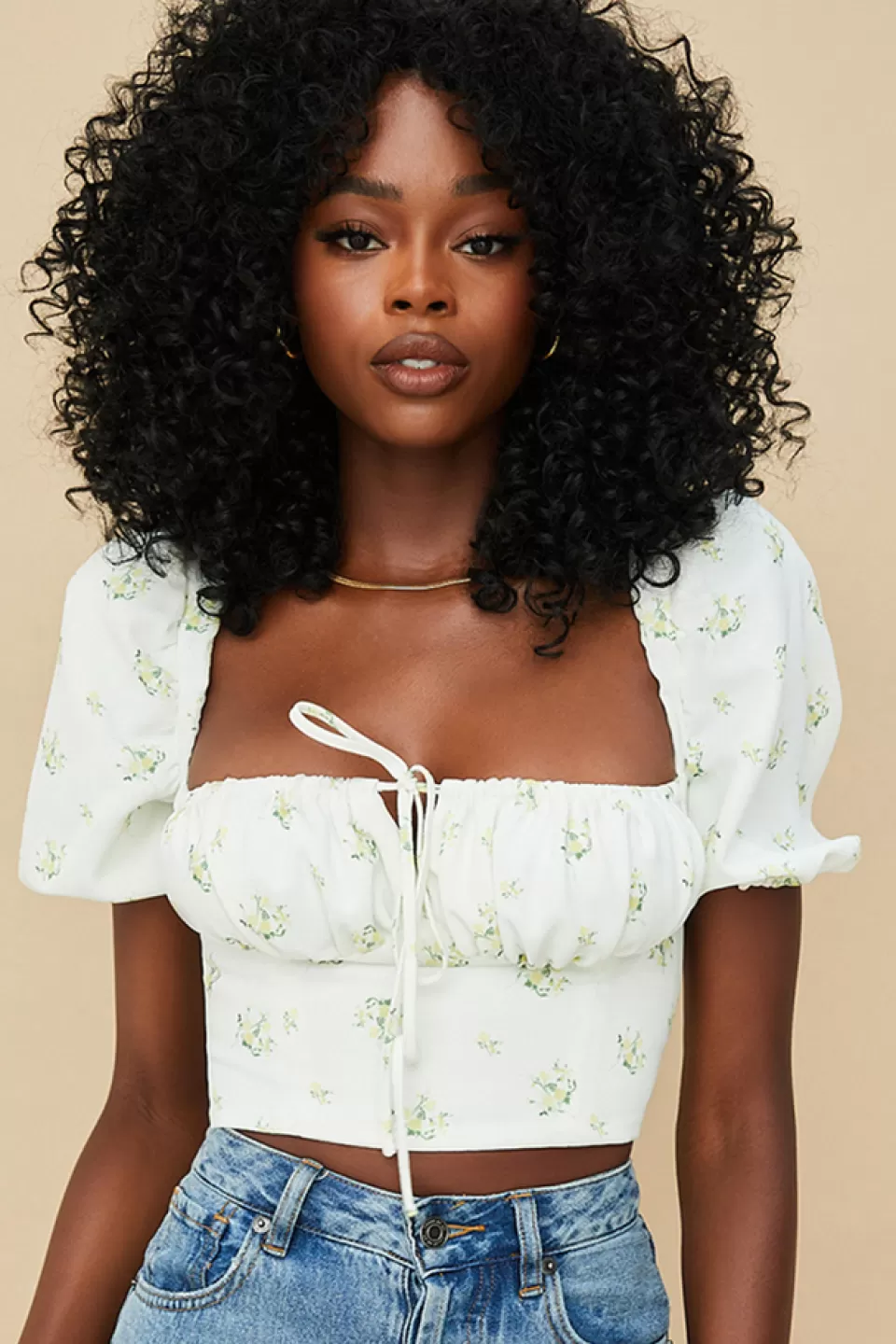 House of CB 'Arianna' Ivory Floral Puff Sleeve Cropped Top Shop