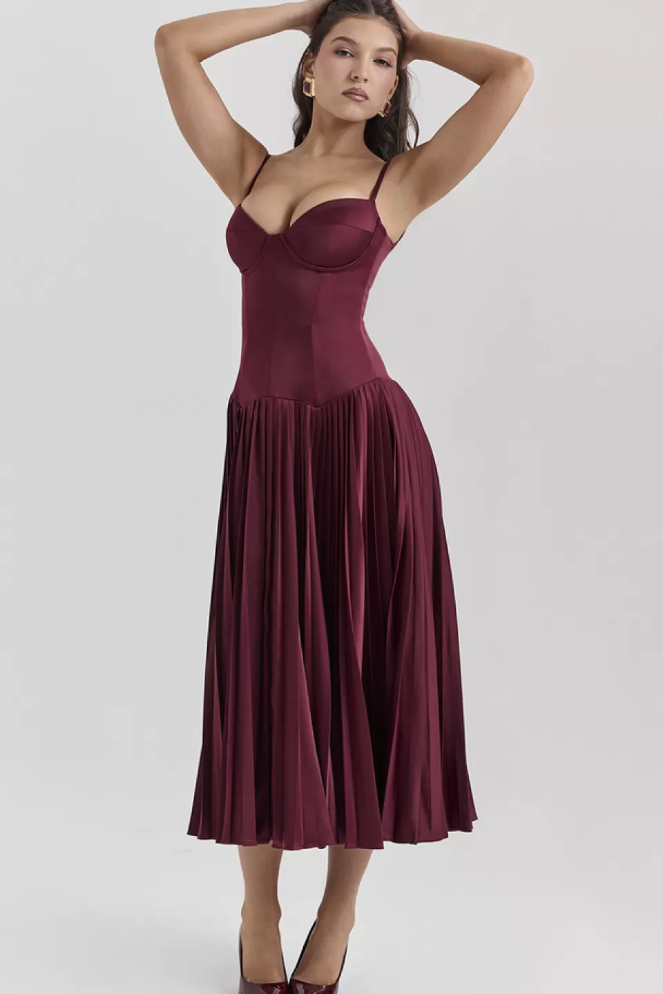 House of CB 'Beau' Wine Pleated Midi Dress Sale