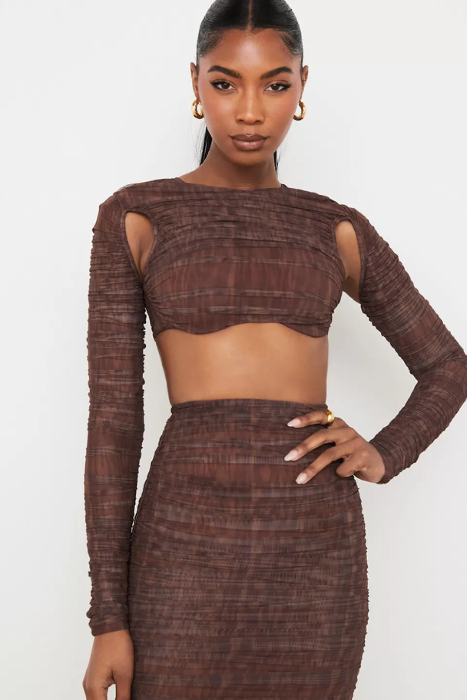 House of CB 'Blythe' Chocolate Print Ruched Mesh Cutout Cropped Top Hot