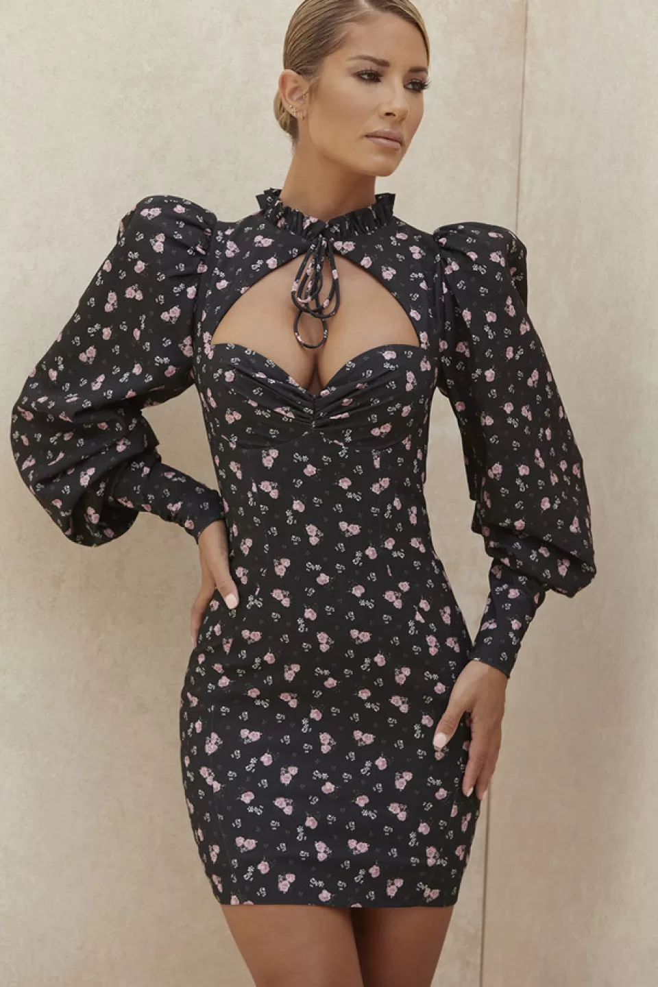 House of CB 'Carmel' Black Floral Puff Sleeve Mini Dress Outlet