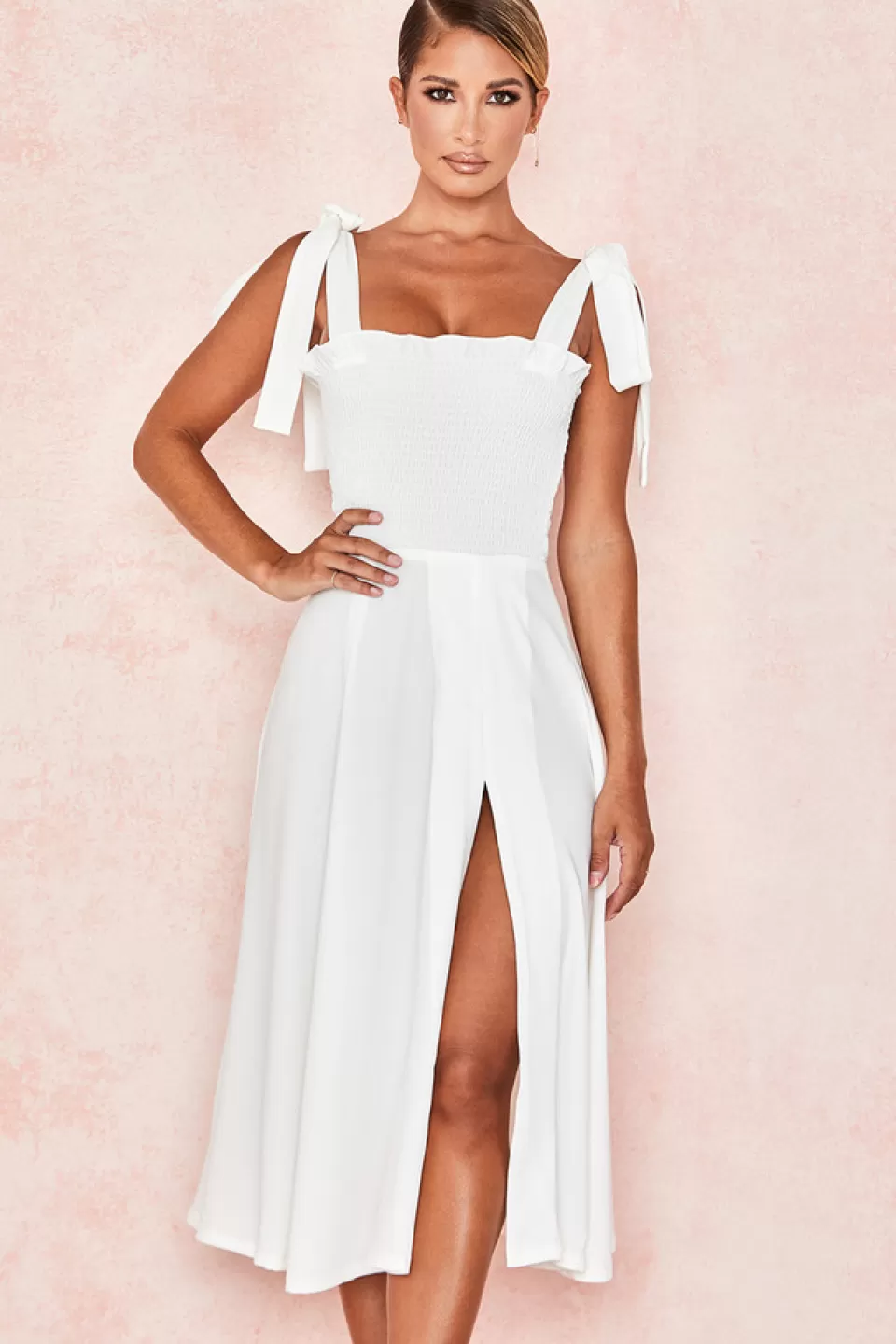 House of CB 'Carmella' White Shirred Midi Sundress Best Sale