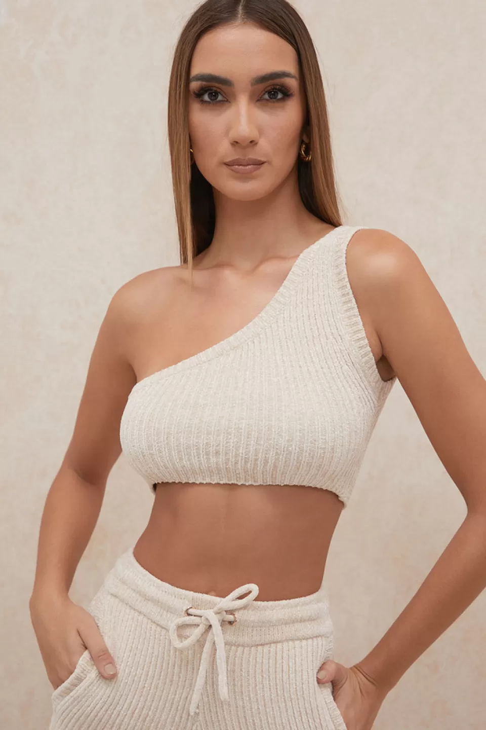 House of CB 'Charlie' Cream Chenille One Shoulder Crop Top Flash Sale