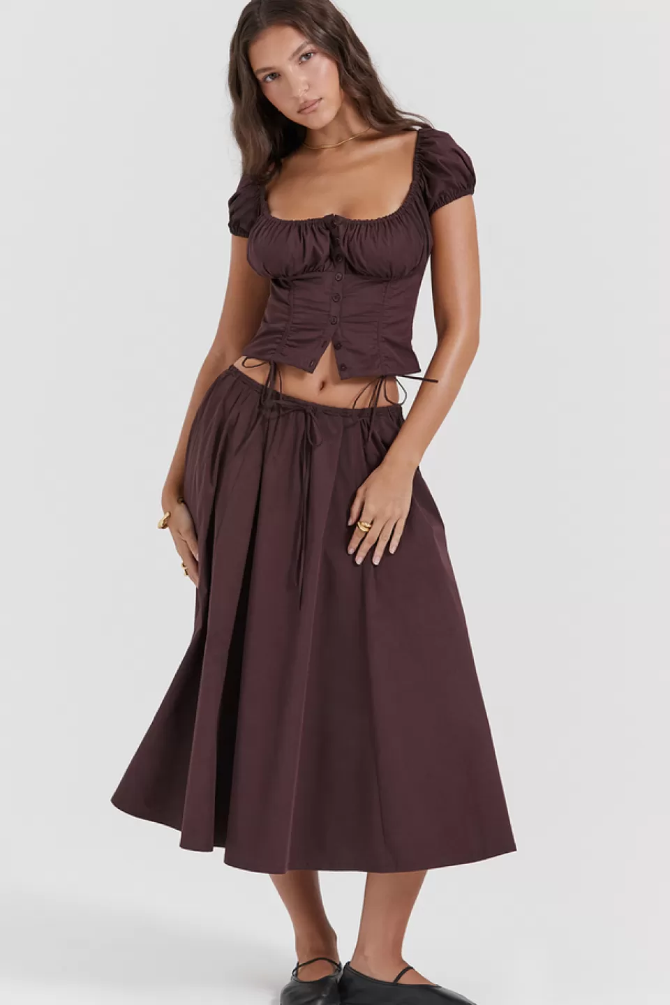 House of CB 'Cora' Rich Brown Gathered Midi Skirt Fashion