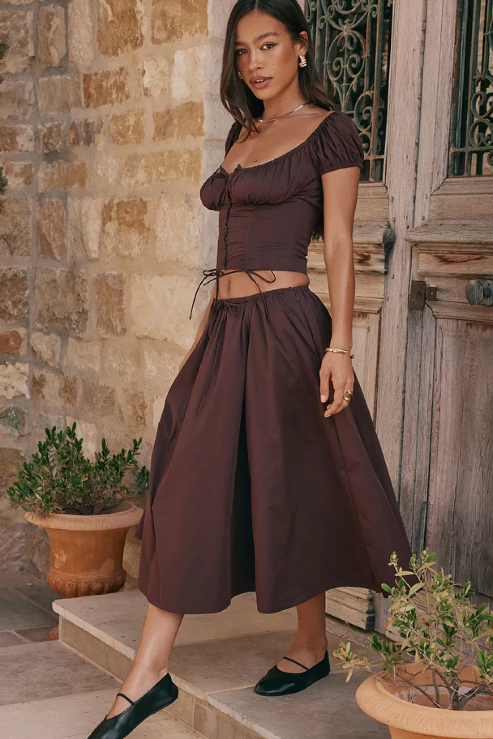 House of CB 'Cora' Rich Brown Gathered Midi Skirt Fashion