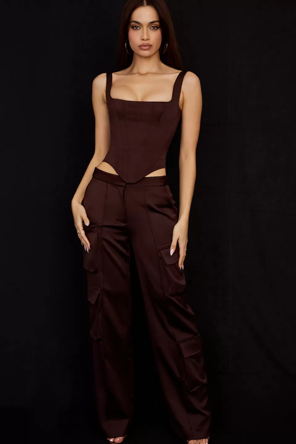 House of CB 'Daria' Chocolate Satin Cargo Trousers Hot