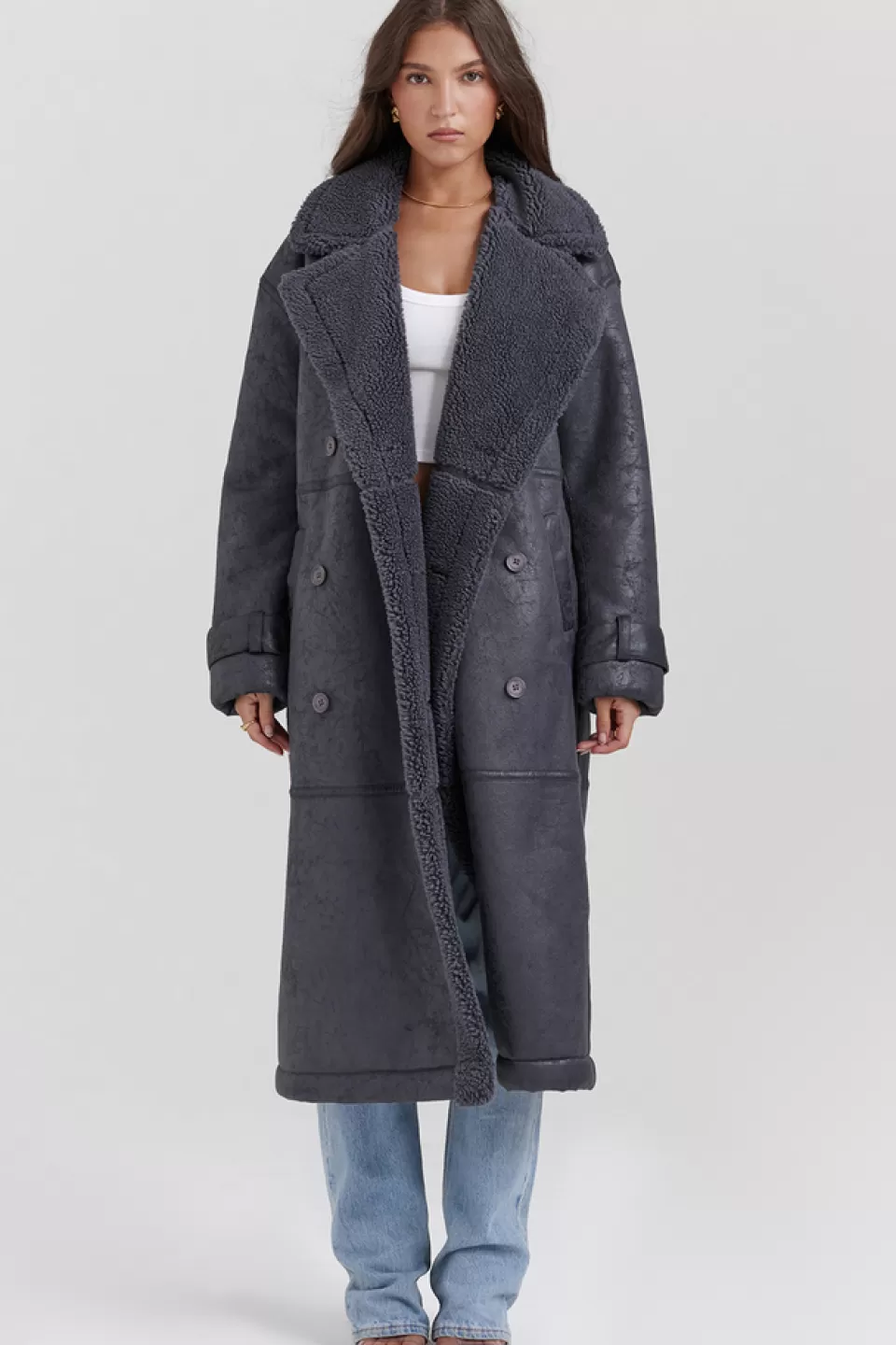 House of CB 'Deiji' Grey Vegan Shearling Coat Outlet