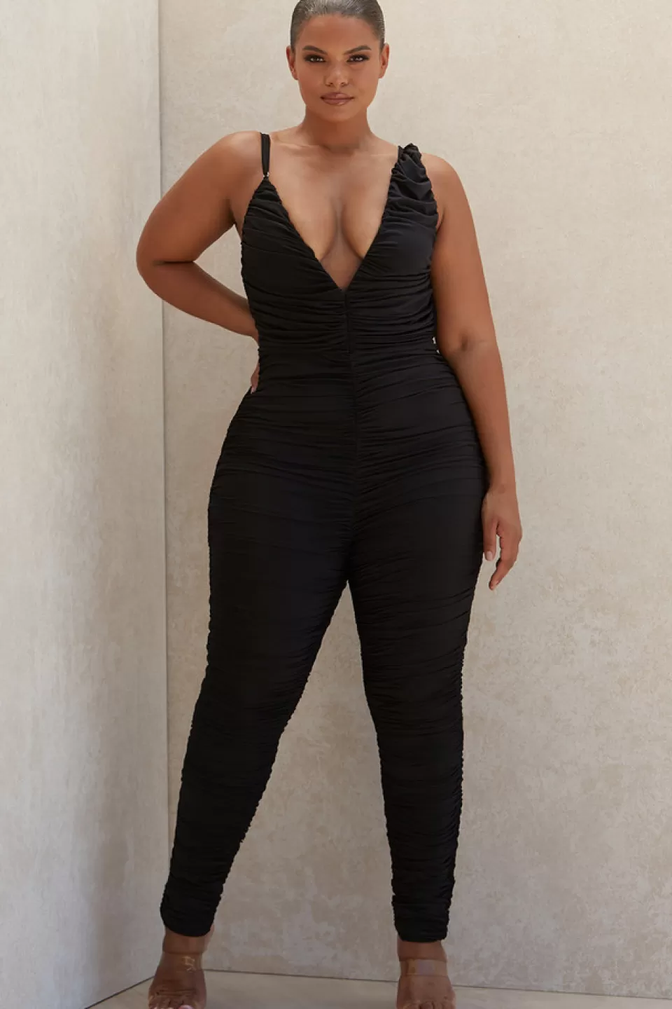 House of CB 'Delilah' Black Mesh Ruched Jumpsuit Clearance