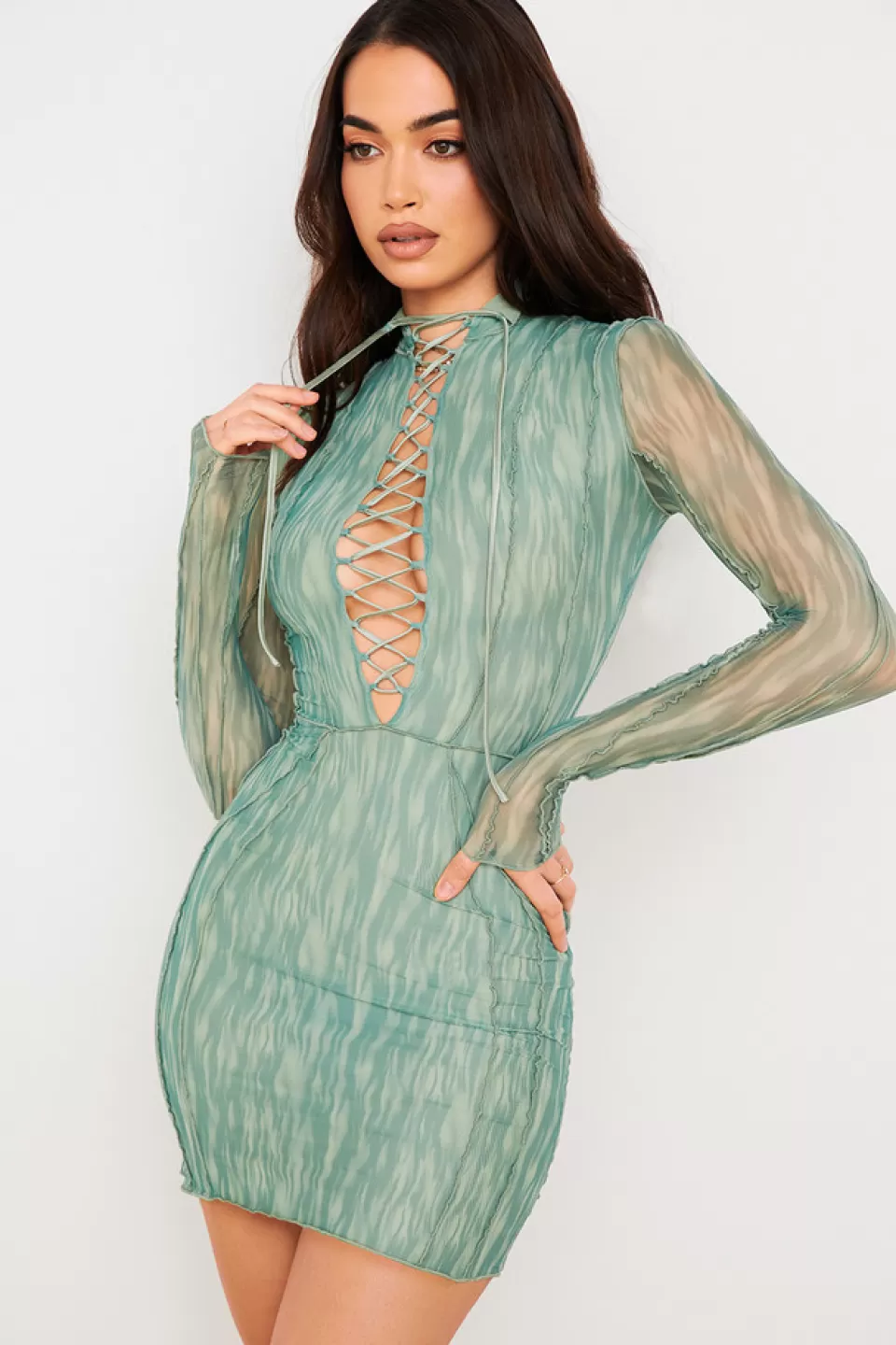 House of CB 'Dylan' Ivy Printed Mesh Lace Up Mini Dress Online