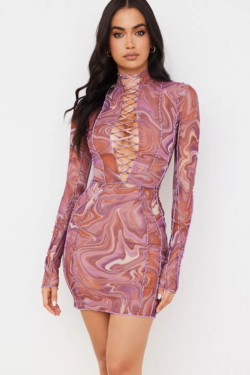 House of CB 'Dylan' Purple Printed Mesh Lace Up Mini Dress Shop