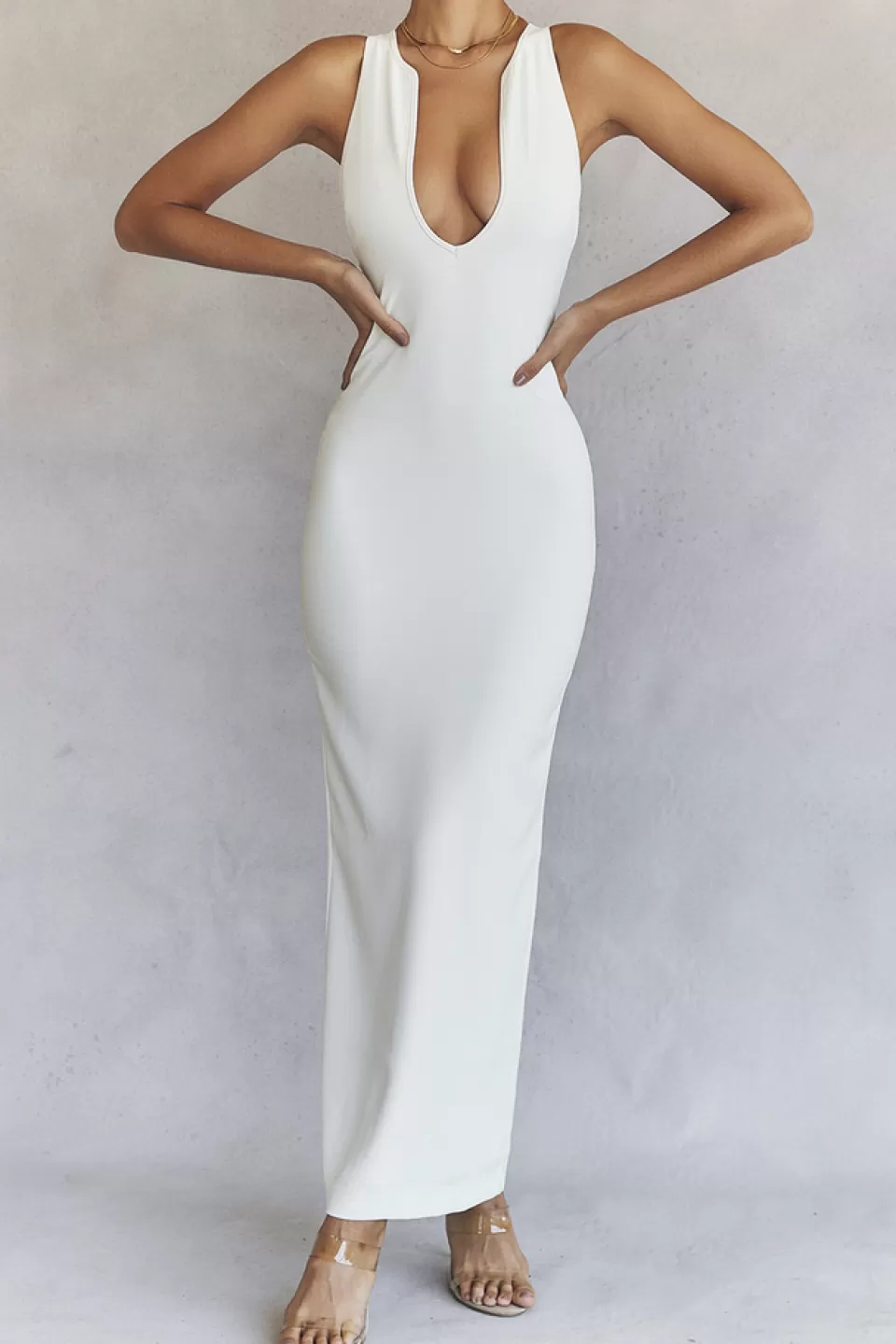 House of CB 'Eleanora' Ivory Plunge Maxi Dress Hot