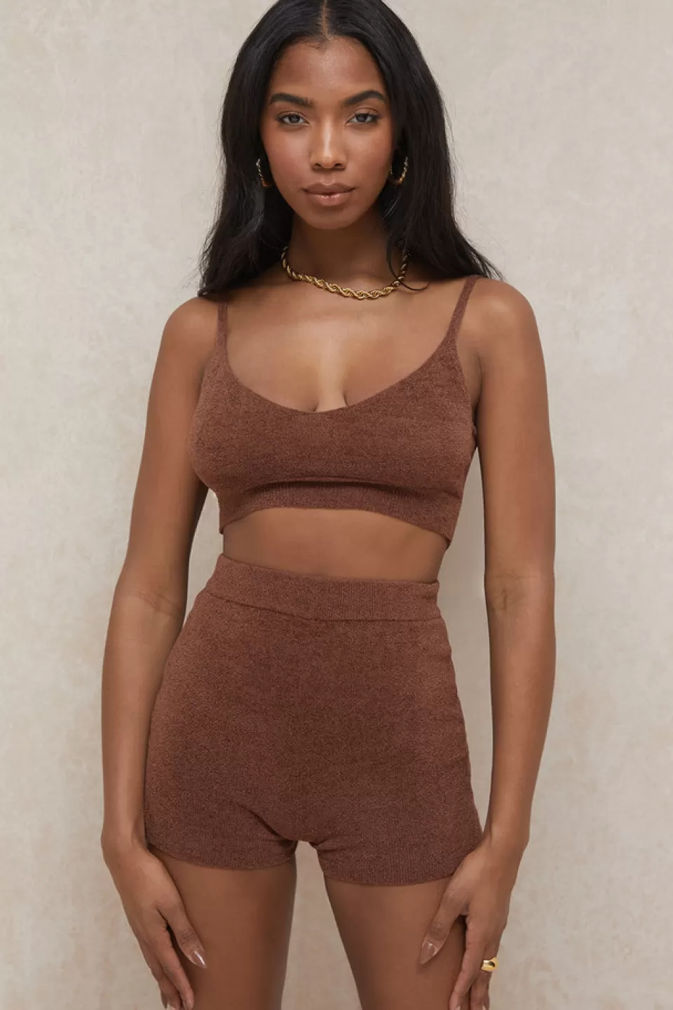 House of CB 'Elijah' Chocolate Fluffy Knit High Waisted Shorts Clearance