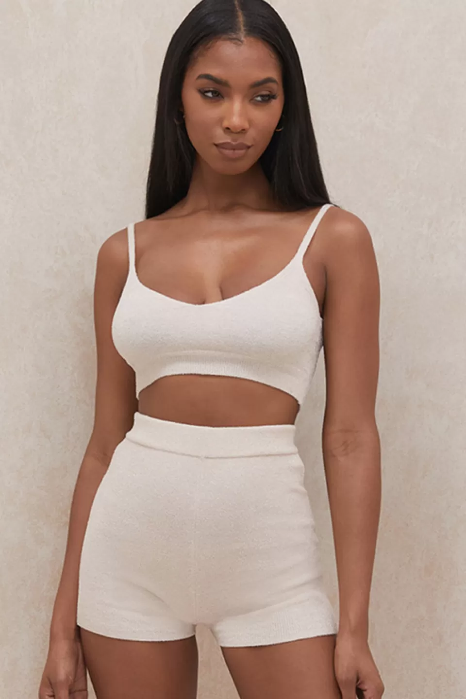 House of CB 'Elijah' Cream Fluffy Knit High Waisted Shorts Online