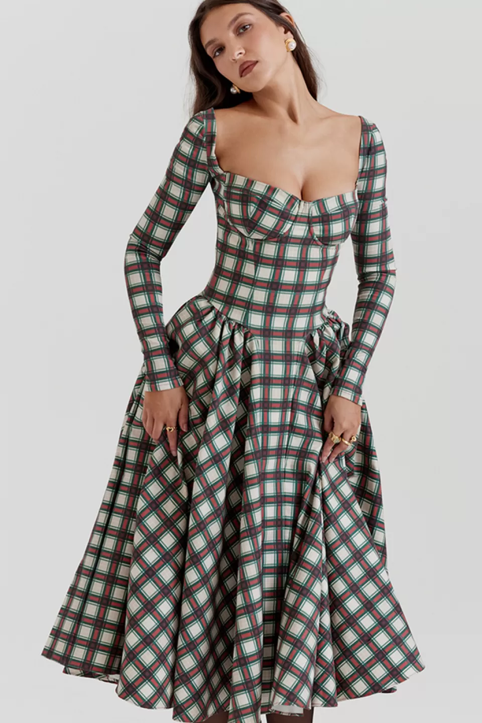 House of CB 'Eliza' Red Tartan Corset Midi Dress Outlet