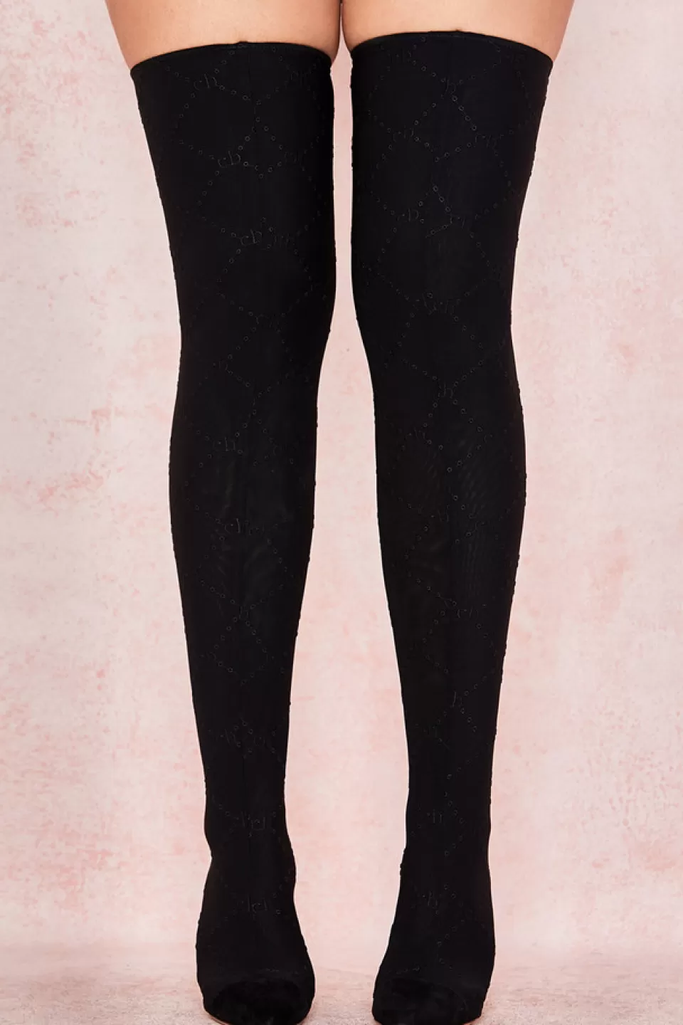 House of CB 'Escape' Black Mesh Monogrammed Thigh Boots Flash Sale