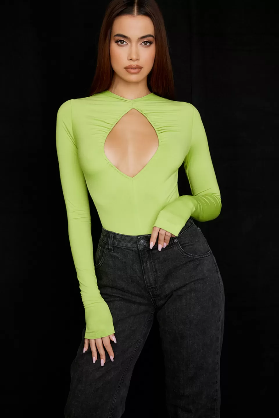 House of CB 'Estrelle' Lime Green Cutout Bodysuit Flash Sale