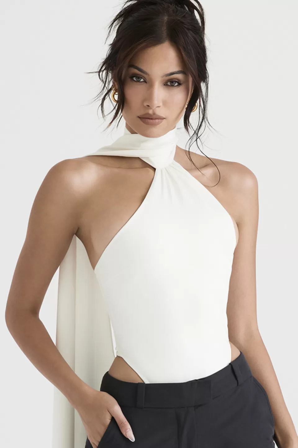 House of CB 'Farrah' Ivory Satin Wrap Neck Bodysuit Best