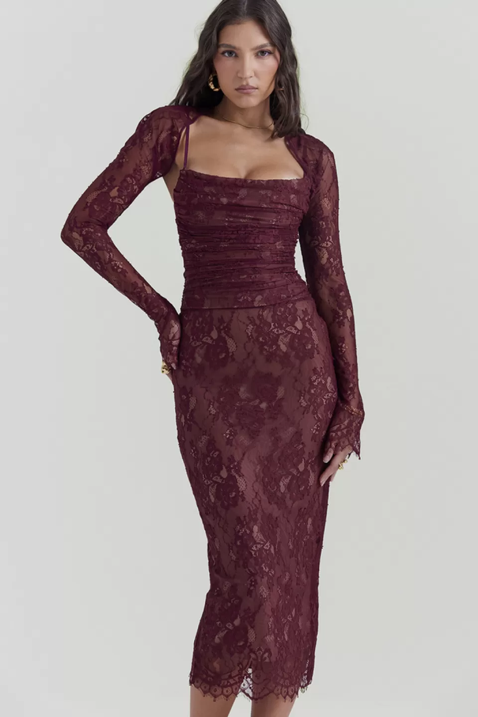 House of CB 'Gaia' Claret Lace Midi Dress New