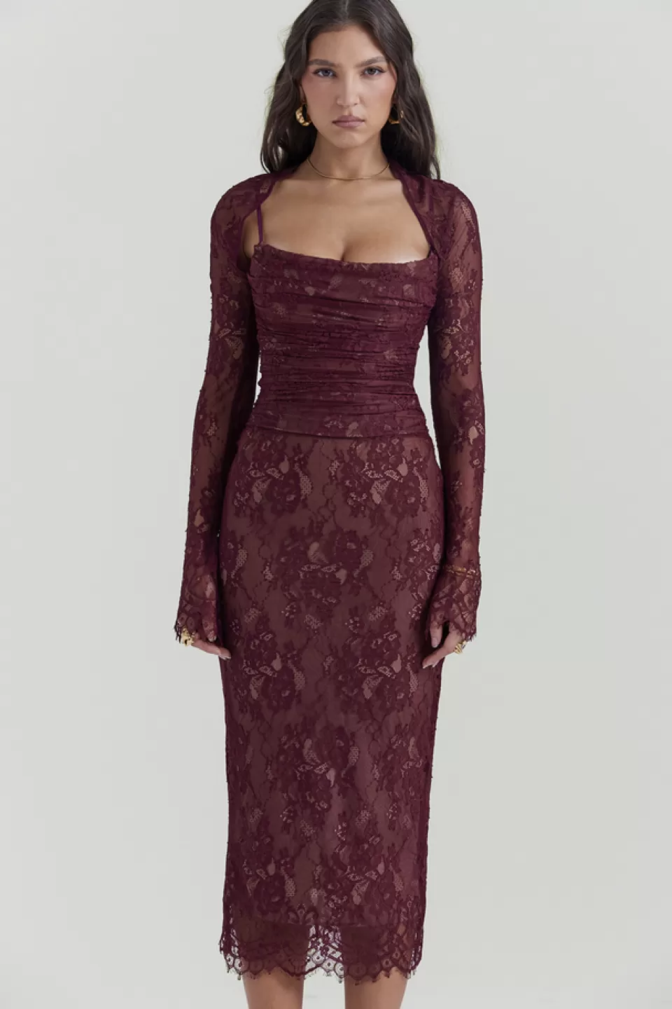 House of CB 'Gaia' Claret Lace Midi Dress New