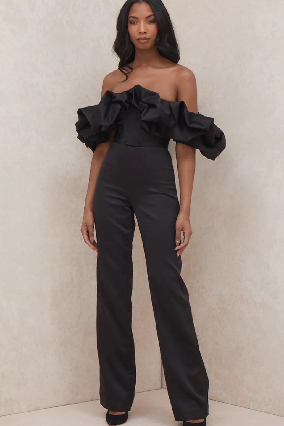 House of CB 'Georgia' Black Satin Strapless Ruffle Jumpsuit Outlet