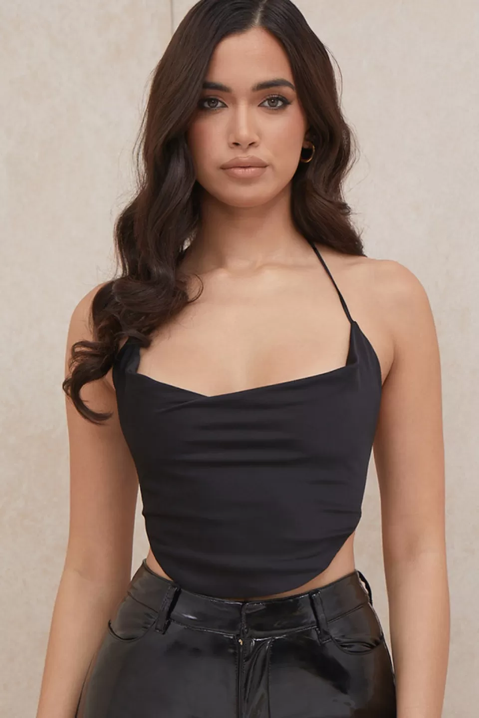 House of CB 'Hazel' Black Satin Tie Back Crop Top Discount