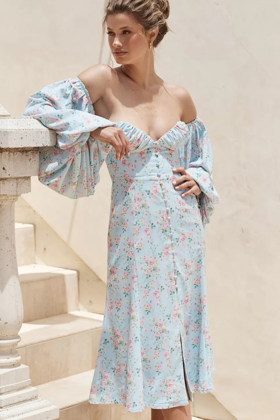 House of CB 'Hope' Blue Floral Bardot Midi Sundress Discount