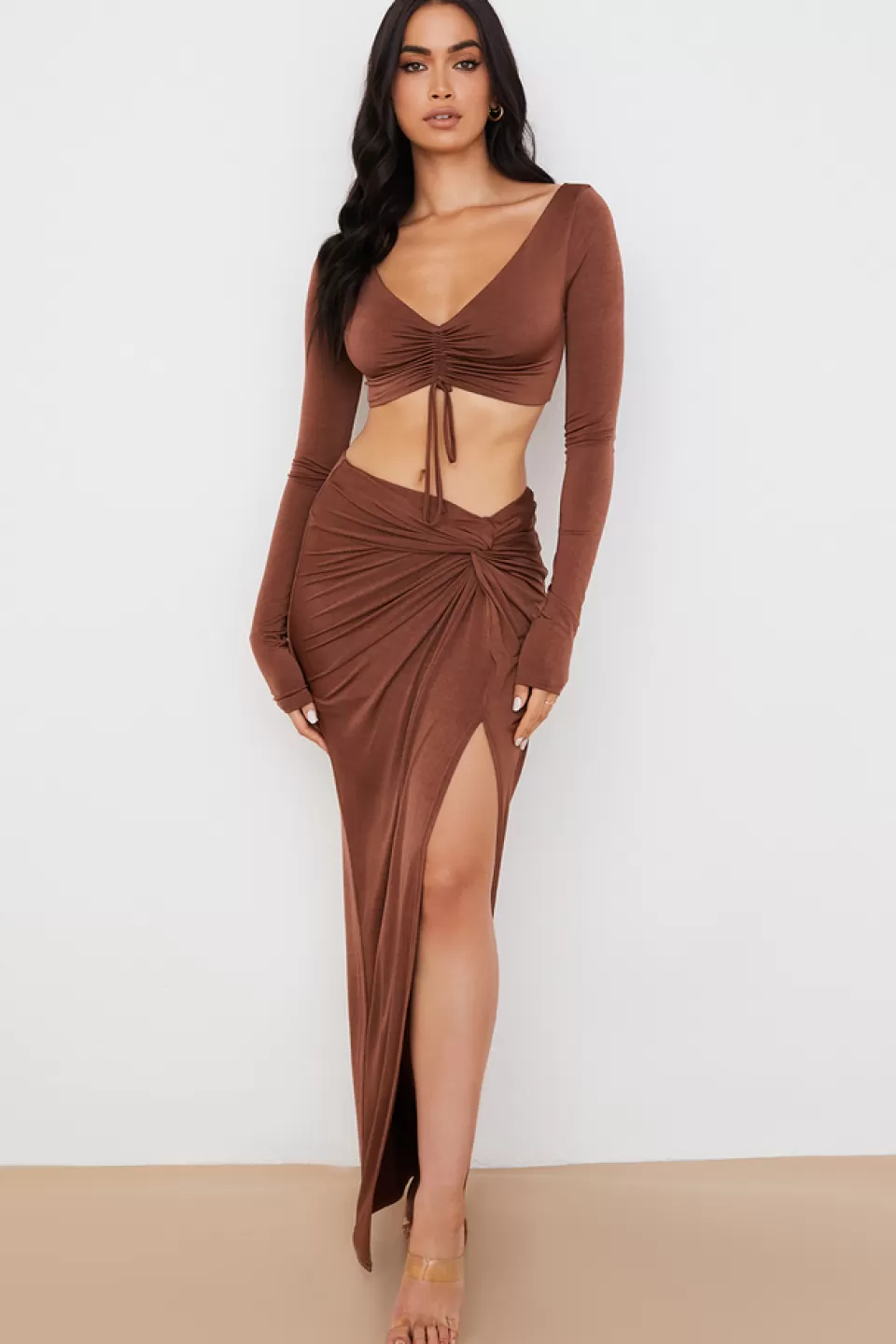 House of CB 'Imogen' Chocolate Jersey Twist Front Maxi Skirt Best Sale