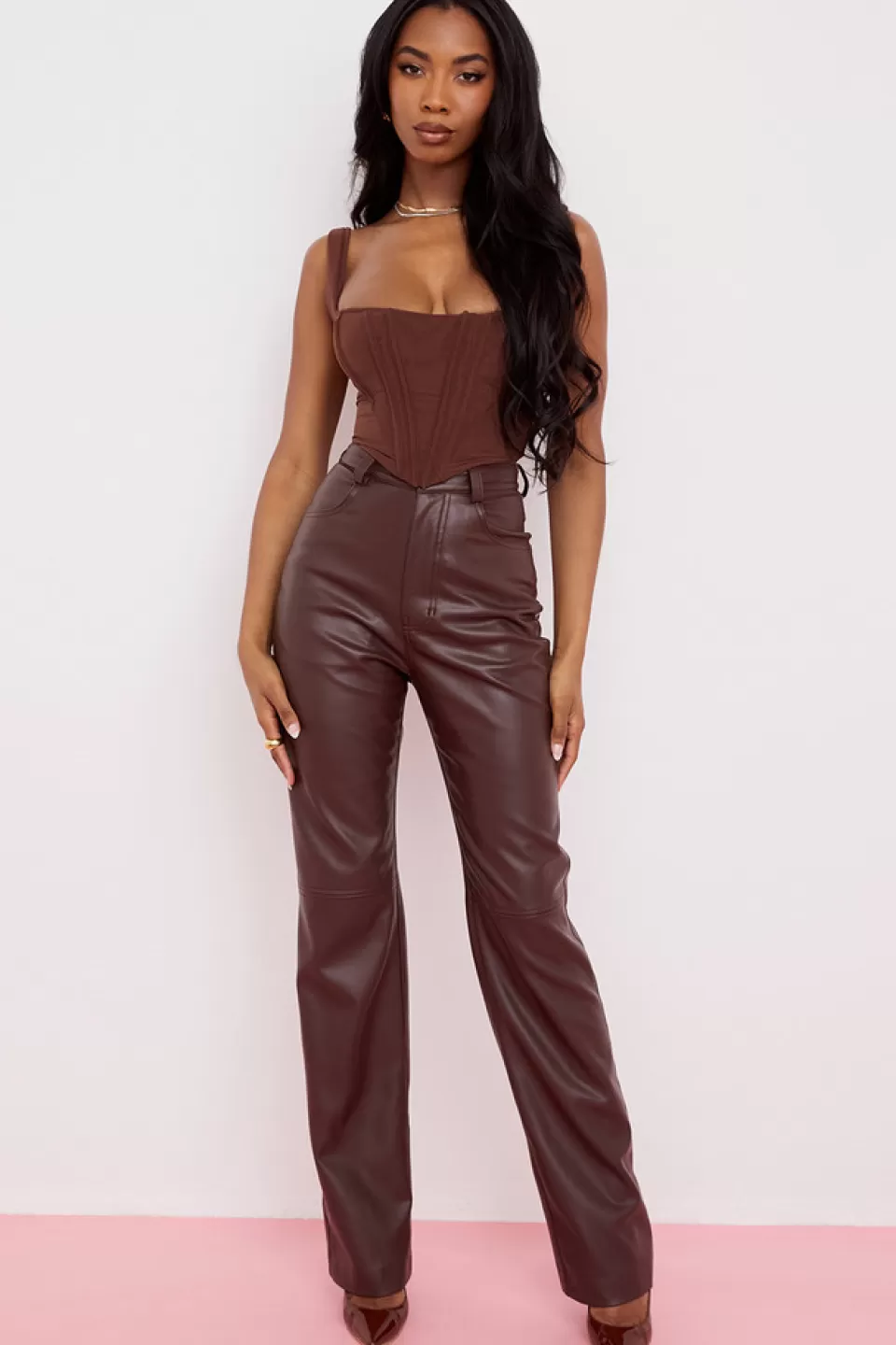 House of CB 'Inaya' Dark Brown Stretch Vegan Leather Trousers Outlet