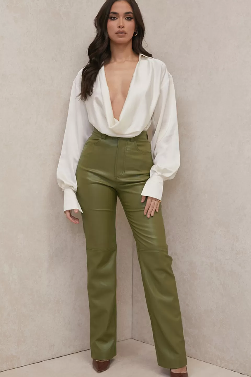 House of CB 'Inaya' Olive Stretch Vegan Leather Trousers Clearance