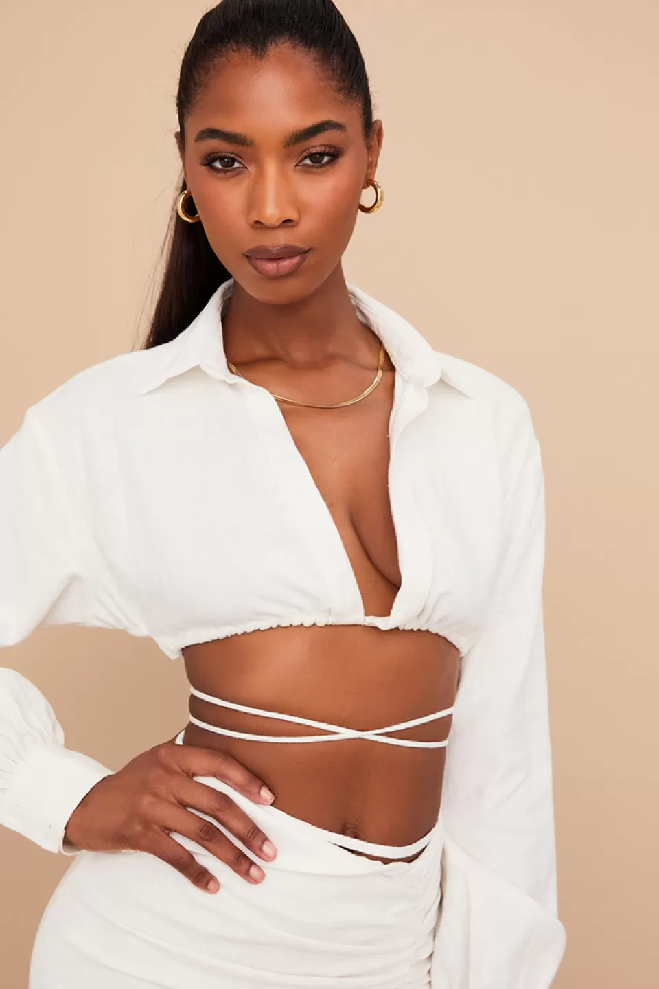 House of CB 'Iris' Off White Wrap Around Cropped Shirt Flash Sale