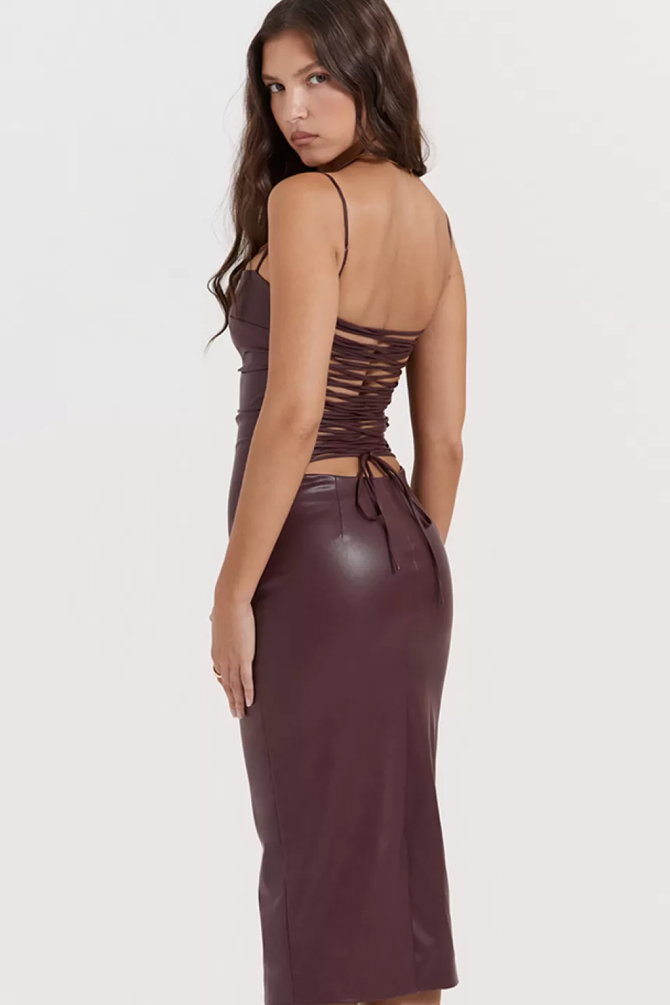 House of CB 'Jalena' Mulberry Vegan Leather Lace Back Dress New