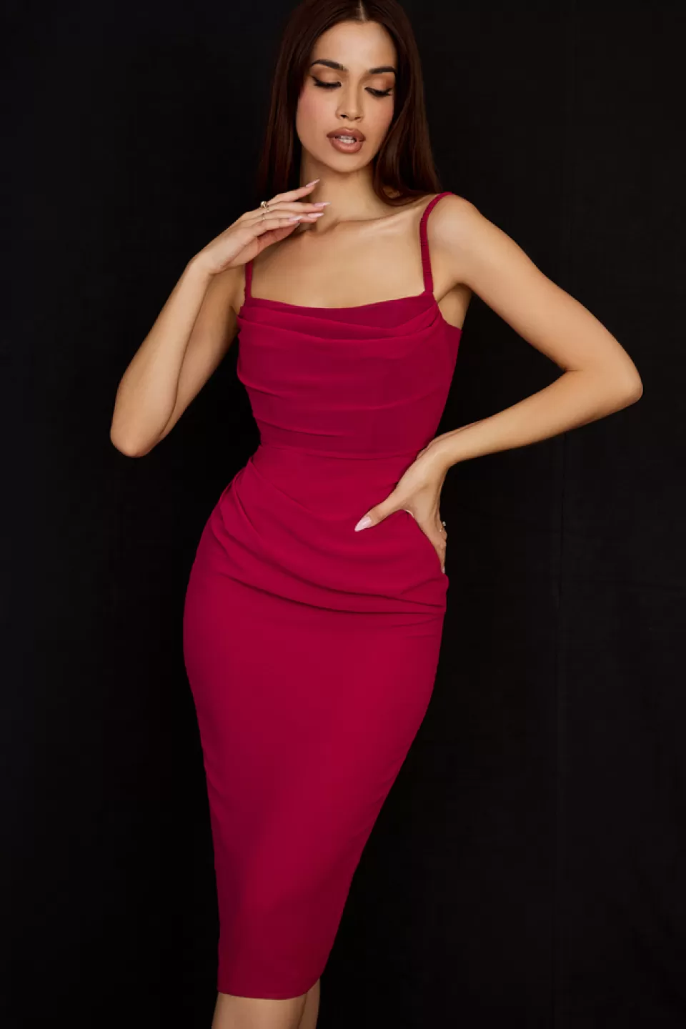 House of CB 'Jamille' Berry Draped Corset Midi Dress Store