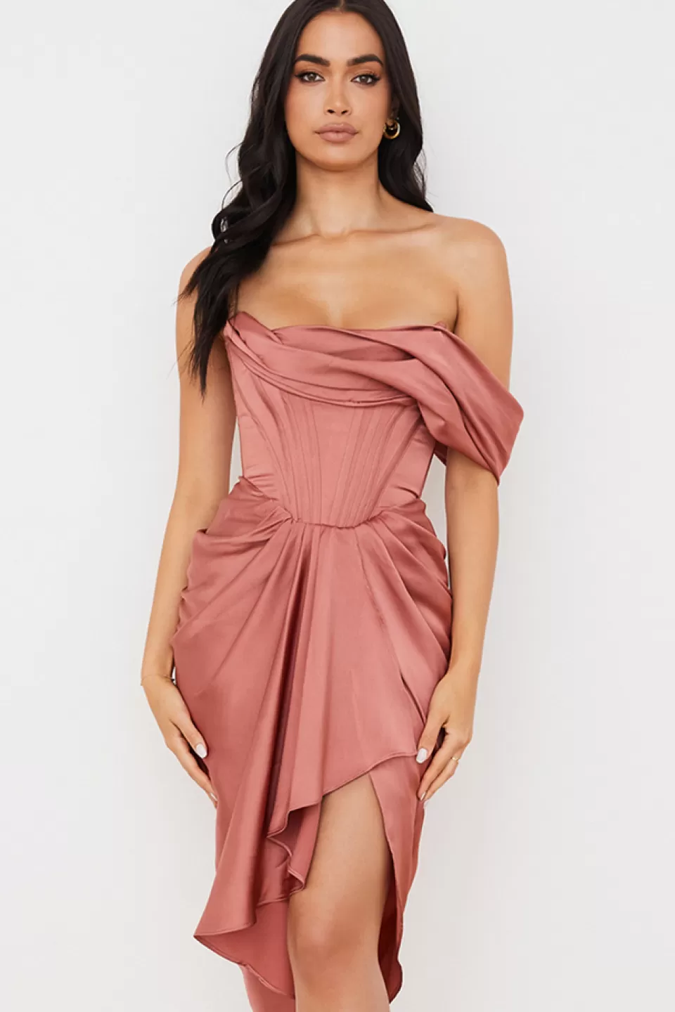 House of CB 'Janis' Rouge Satin One Shoulder Draped Midi Dress New