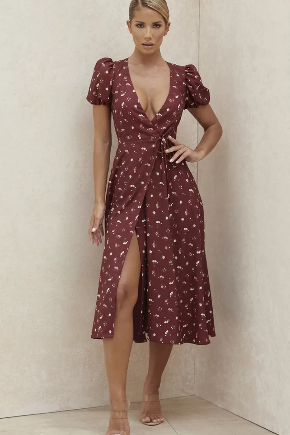 House of CB 'Justina' Wine Floral Wrap Dress Discount