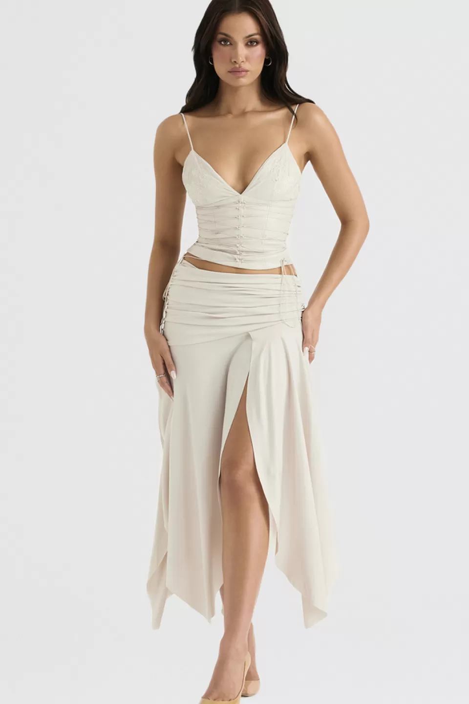 House of CB 'Kaira' Off White Draped Midi Skirt Clearance