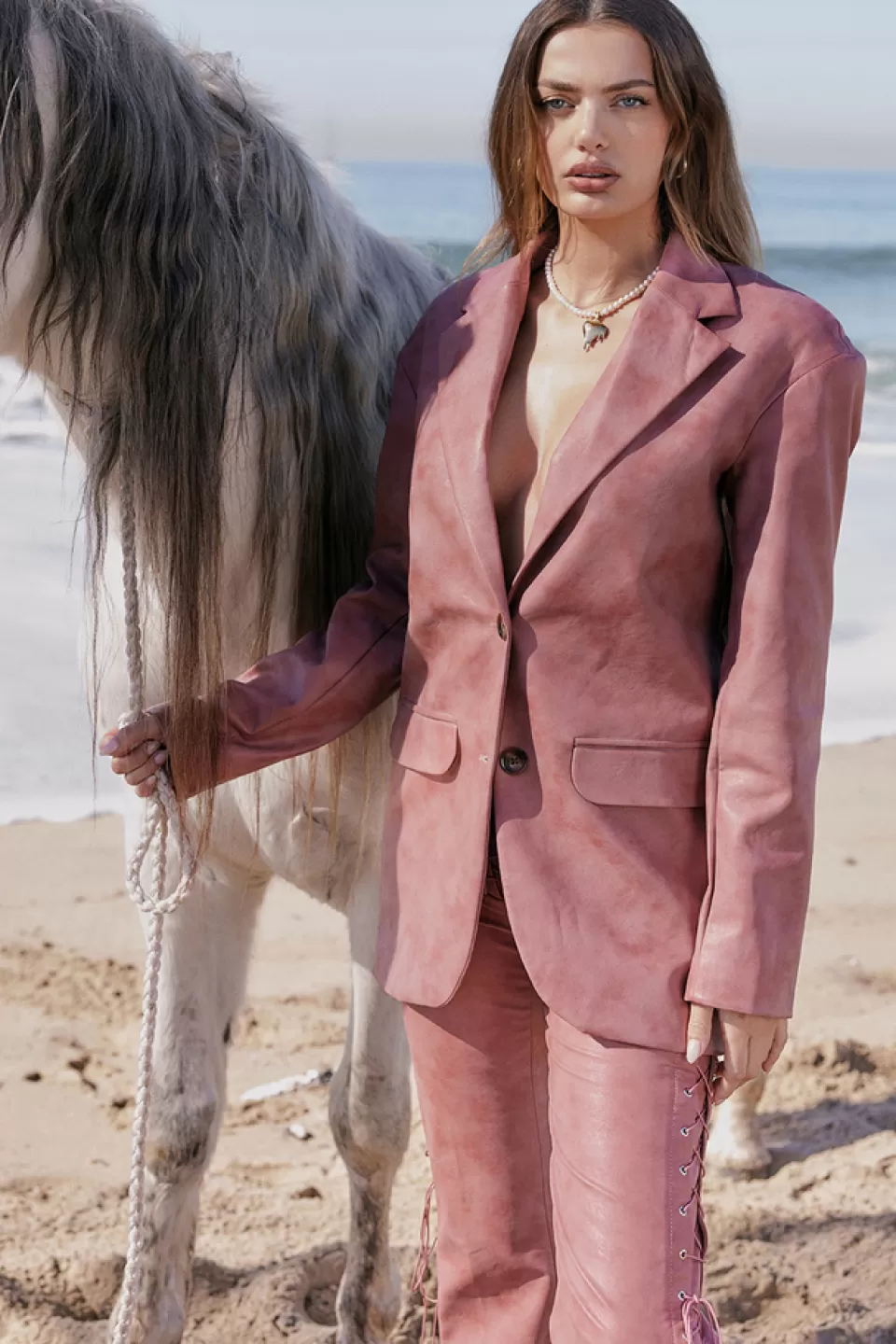 House of CB 'Kiera' Warm Pink Vegan Leather Oversized Blazer Sale