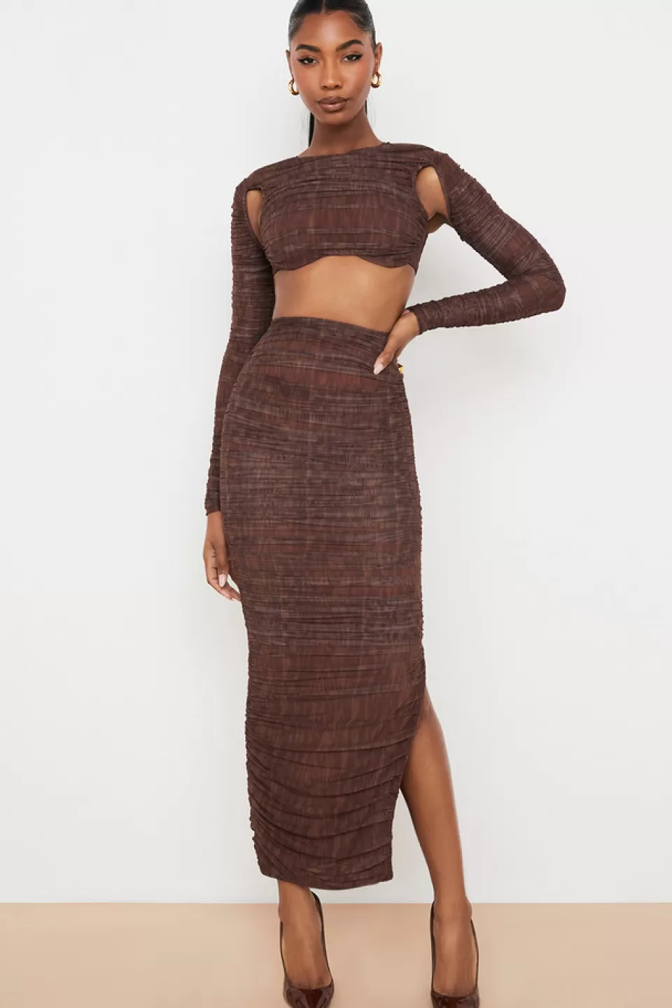 House of CB 'Laverne' Chocolate Print Ruched Maxi Skirt Fashion