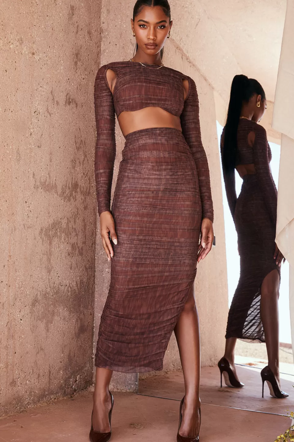 House of CB 'Laverne' Chocolate Print Ruched Maxi Skirt Fashion