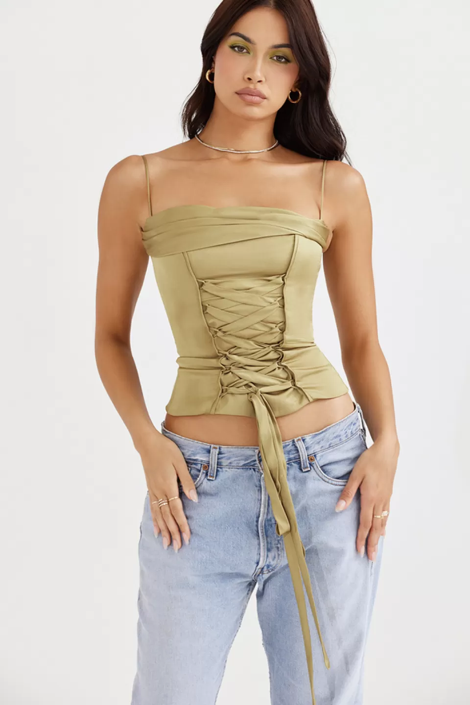 House of CB 'Letitia' Olive Satin Lace Up Corset Best