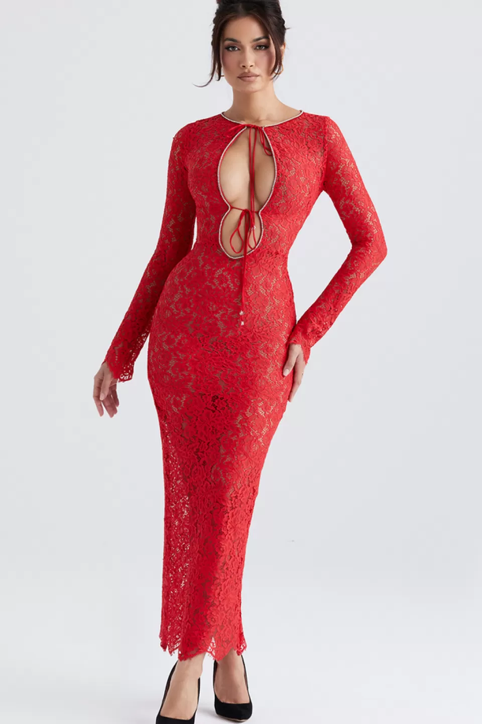 House of CB 'Lisandra' Red Lace Maxi Dress Flash Sale