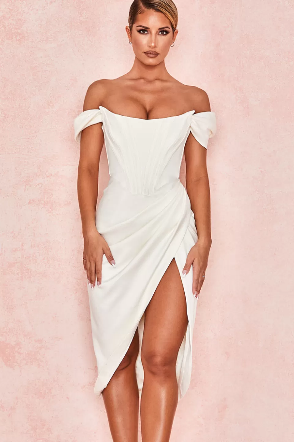 House of CB 'Loretta' Ivory Satin Off Shoulder Dress Best Sale