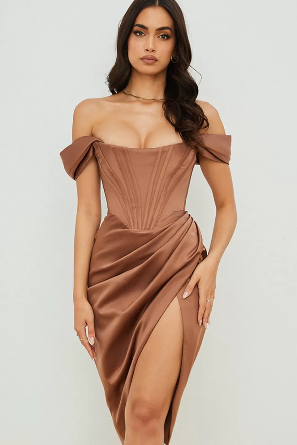 House of CB 'Loretta' Toffee Satin Off Shoulder Dress New