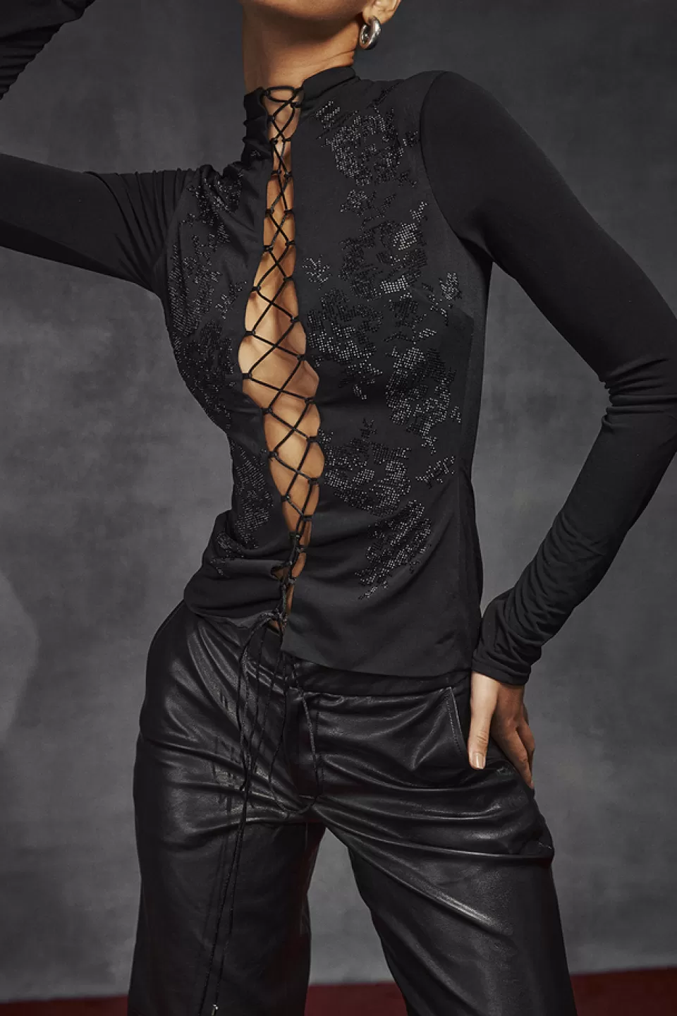 House of CB 'Lori' Black Crystallised Lace Up Top Hot