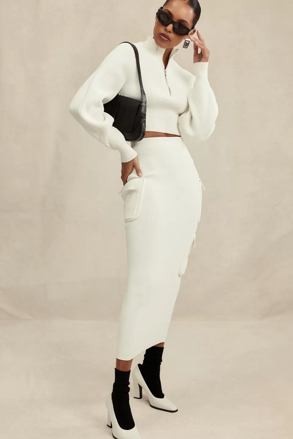 House of CB 'Maeve' White Ribbed Knit Cargo Skirt Store