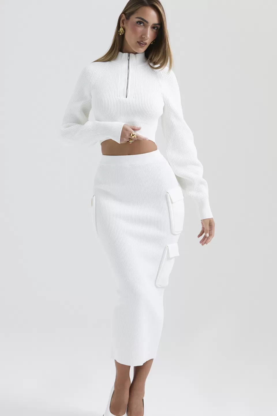 House of CB 'Maeve' White Ribbed Knit Cargo Skirt Store