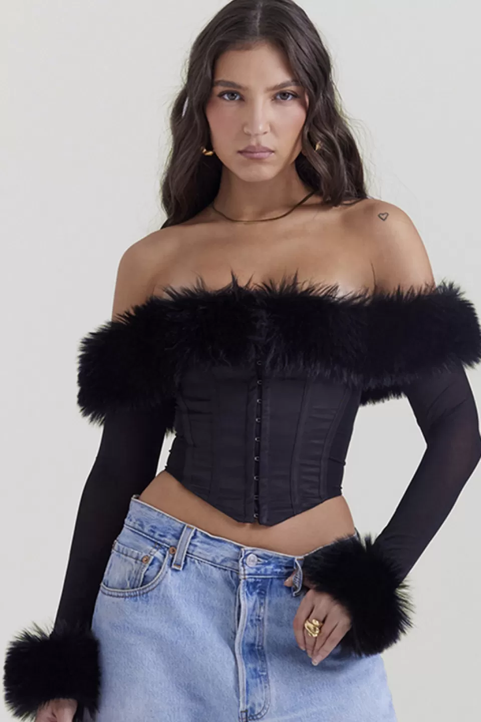 House of CB 'Merle' Black Faux Fur Trim Corset New