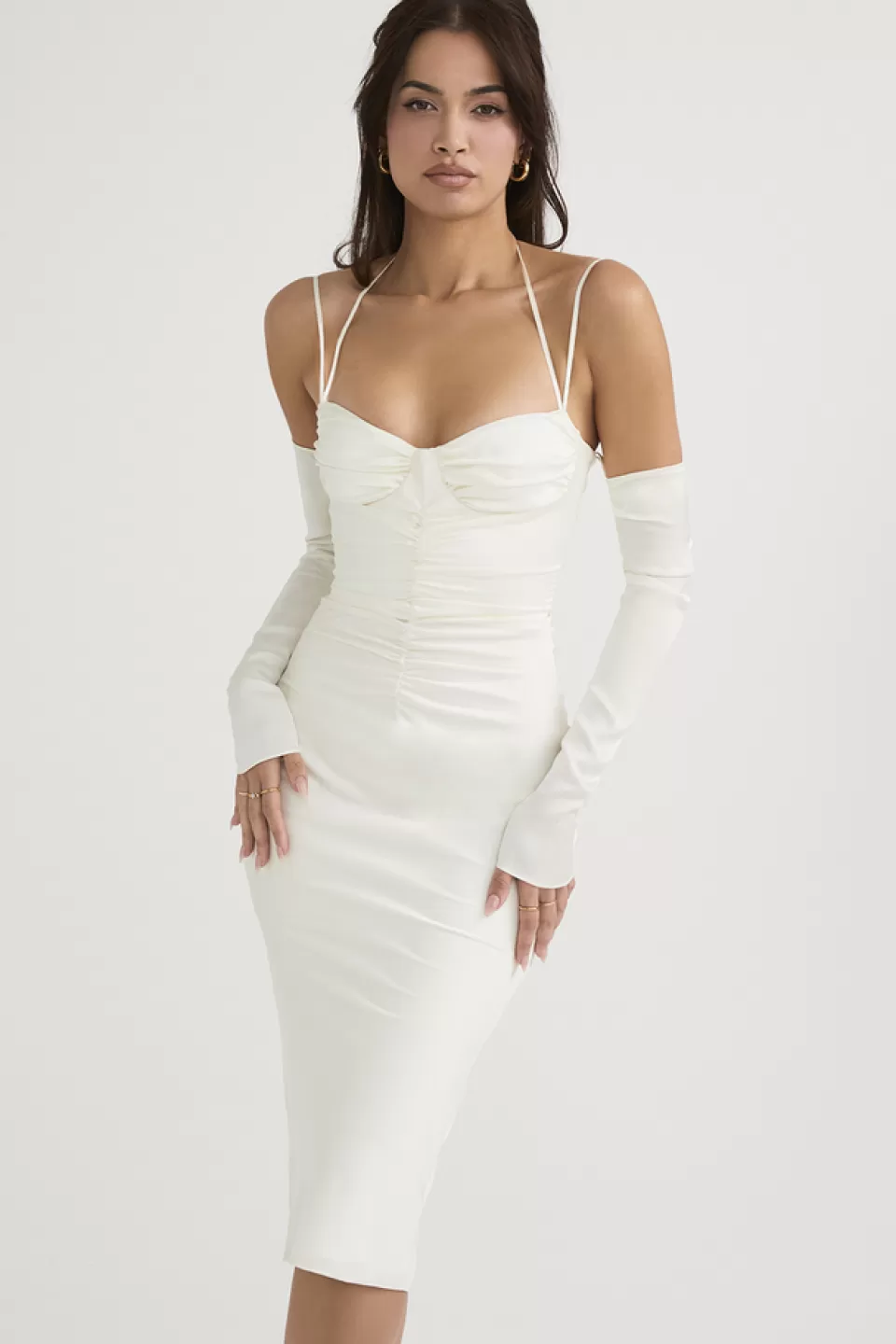 House of CB 'Nanoushka' Ivory Satin Midi Dress Hot