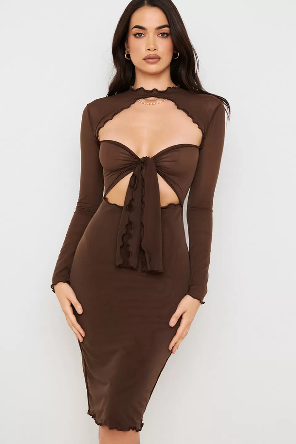 House of CB 'Natalia' Chocolate Power Mesh Tie Front Midi Dress Store