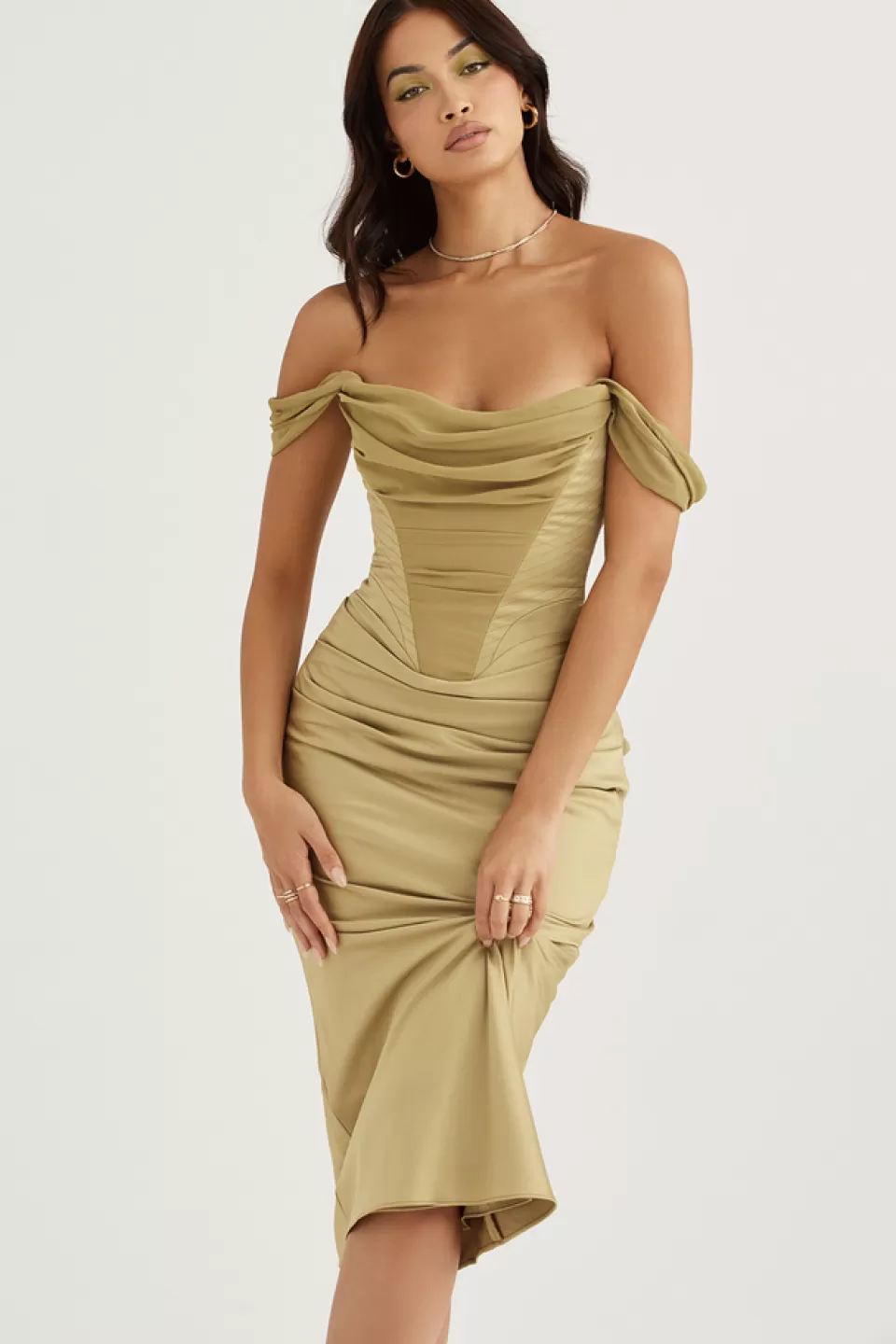 House of CB 'Natalya' Olive Satin Corset Midi Dress Discount