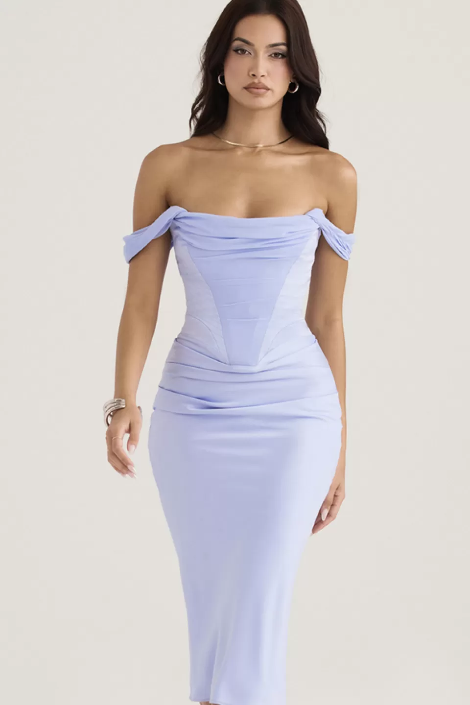 House of CB 'Natalya' Sky Satin Corset Midi Dress New